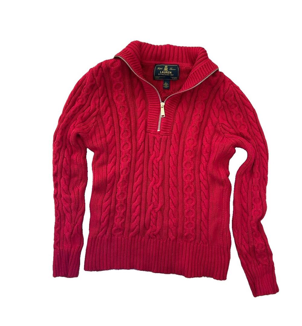 Ralph Lauren Cable Knit 1/4 Zip Up Sweater Women's Lg Black Label Cotton Red Y2K
